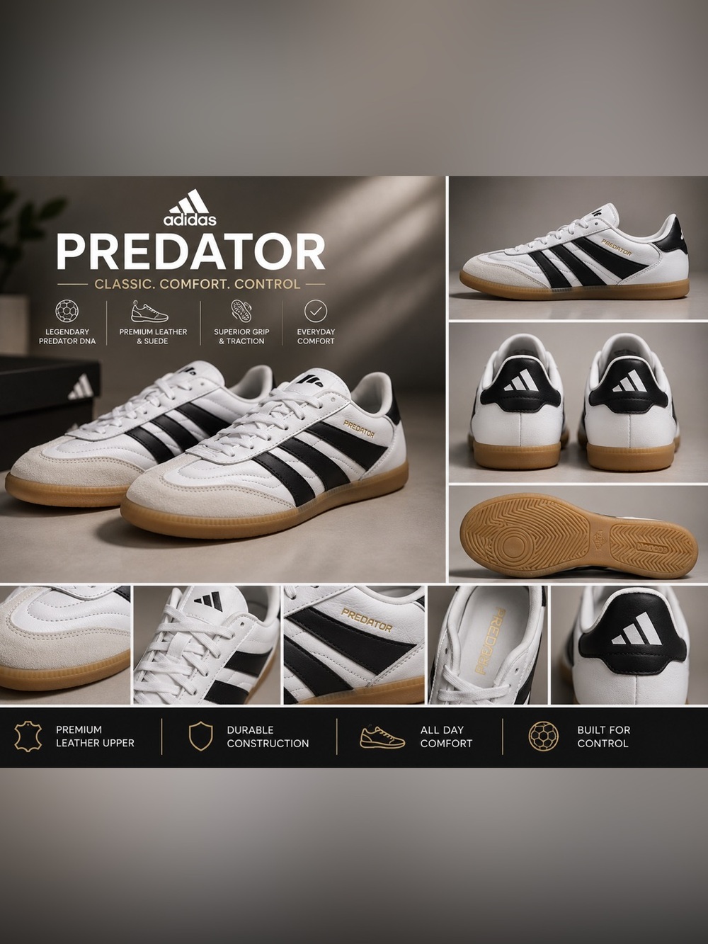 adidas Predator White Black with Gum Sole Indoor Sneakers